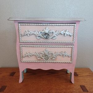 Unique Hand Painted Elegant Pink Silver Distressed Decorative Chest Jewelry Box